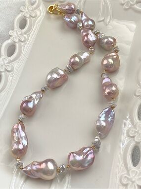 N312-Premium Sakura Pink Flameball Pearl Amd Keshi Pearl Necklace
